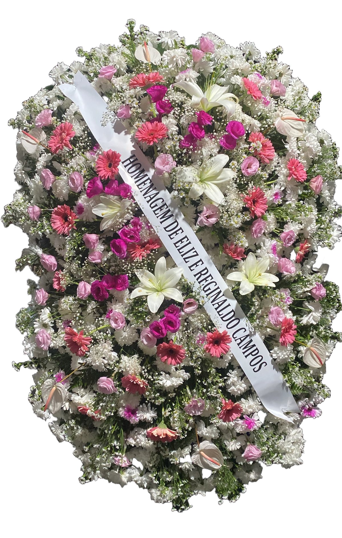 Coroa de flores rosa e branca