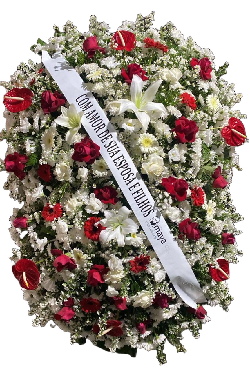 Coroa de flores vermelha e branca